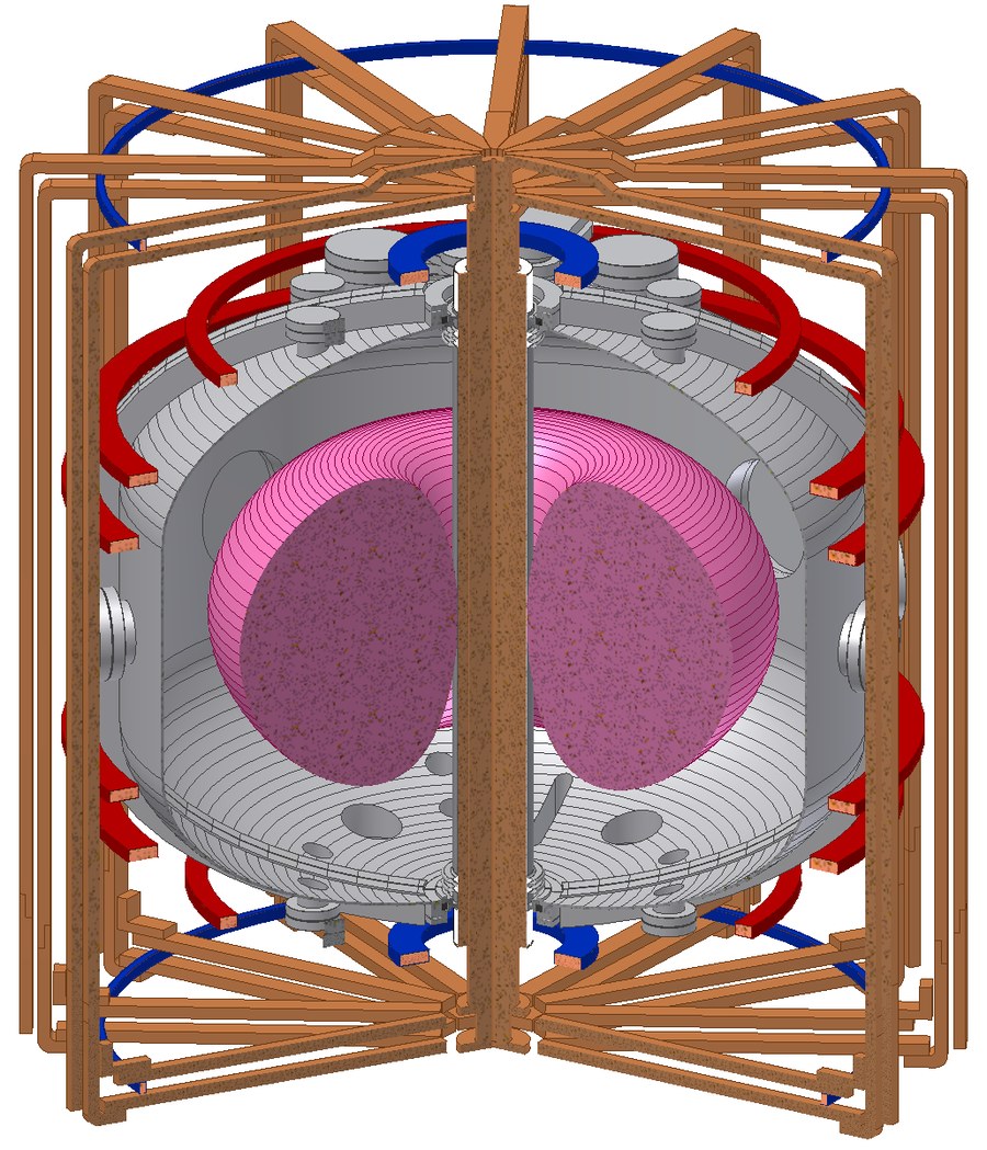Cut-away drawing of the SUNIST tokamak showing its vessel, coils and toroidal plasma